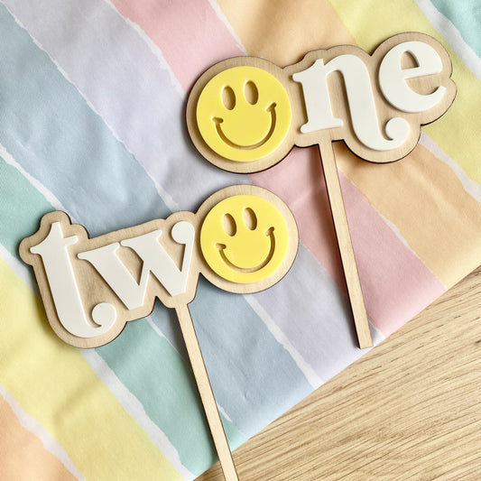 Wood and acrylic smiley cake topper