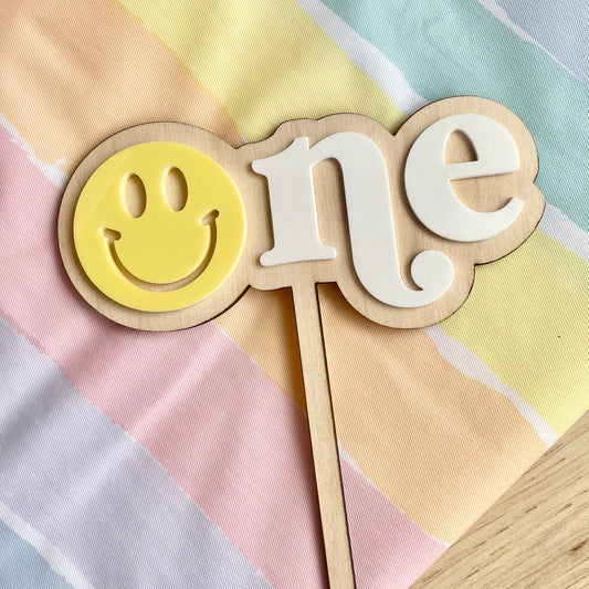 Wood and acrylic smiley cake topper